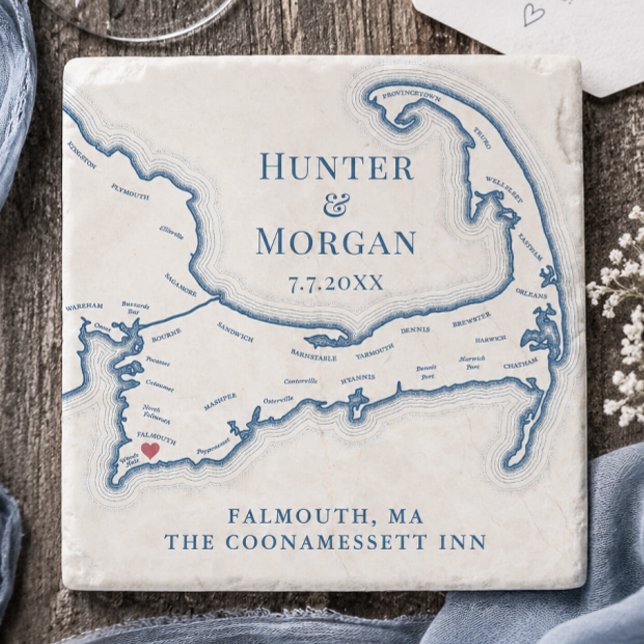 Posavasos De Piedra Favor de boda Coonamessett Mapa de Cape Cod (Coonamessett Inn Wedding Favor Cape Cod Map Stone Coaster Gift by Coastal Map Designs)