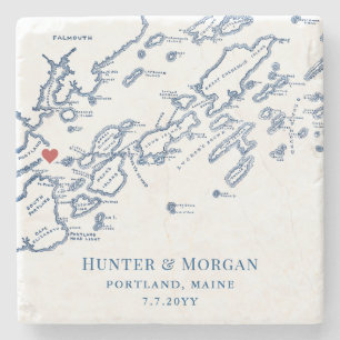 Posavasos De Piedra Favor de boda de Portland Maine Mapa de Casco Bay