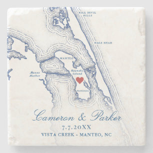Posavasos De Piedra Favor Mapa de Vista Creek Wedding Manteo NC Azul M