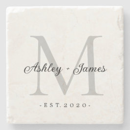 Posavasos De Piedra Fecha de Boda con Nombres en Guión de Monograma de