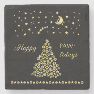 Posavasos De Piedra Felices Pawlidays, árbol de navidad Gold brillante