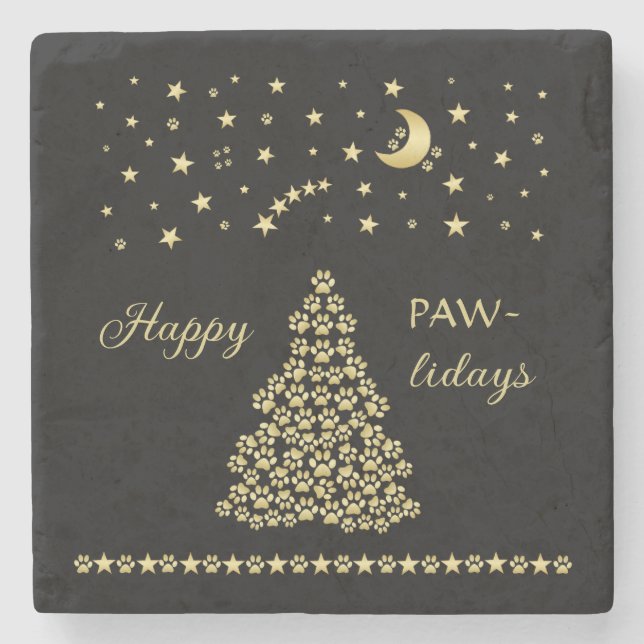 Posavasos De Piedra Felices Pawlidays, árbol de navidad Gold brillante (Anverso)