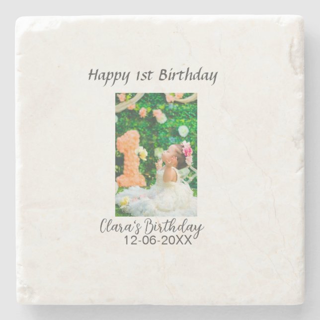 Posavasos De Piedra Feliz 1° cumpleaños foto simple y elegante moda (Anverso)