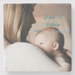 Posavasos De Piedra Feliz 1er cumpleaños niños bebé madre azul amarill