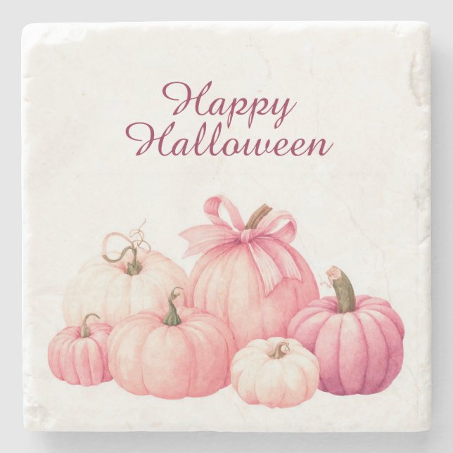 Posavasos De Piedra Feliz año de la calabaza rosa de Halloween (Anverso)
