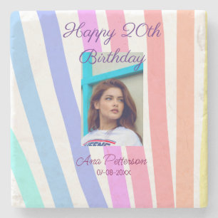 Posavasos De Piedra Feliz cumpleaños 20 arcoíris rústico boho líneas f