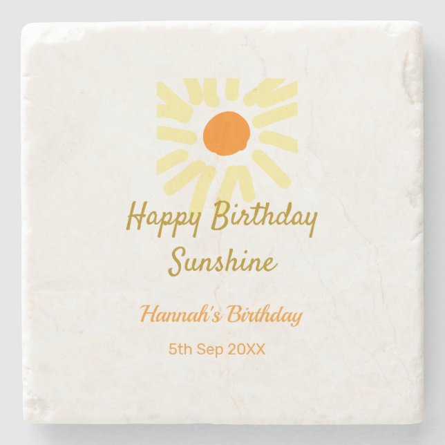 Posavasos De Piedra Feliz cumpleaños amarillo naranja sol boho (Anverso)