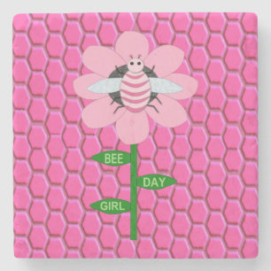 Posavasos De Piedra Feliz Día de la Abeja Chica Pink Birthday Bumblebe