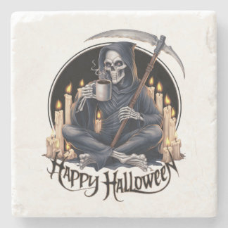 Posavasos De Piedra Feliz Halloween y un esqueleto