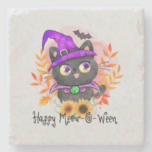 Posavasos De Piedra Feliz Meow-o-ween-Black Witch Cat