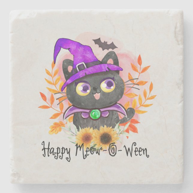 Posavasos De Piedra Feliz Meow-o-ween-Black Witch Cat (Anverso)