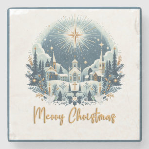 Posavasos De Piedra Feliz Navidad azul y oro