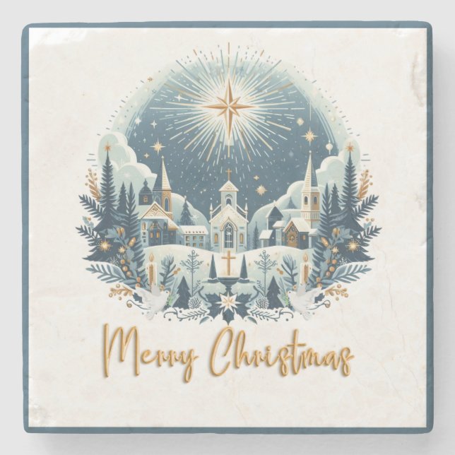 Posavasos De Piedra Feliz Navidad azul y oro (Anverso)