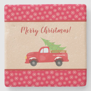 Posavasos De Piedra Feliz Navidad con camión y árbol, nombre de la fam