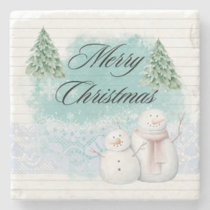 Posavasos De Piedra Feliz Navidad con el árbol navideño de Snowman
