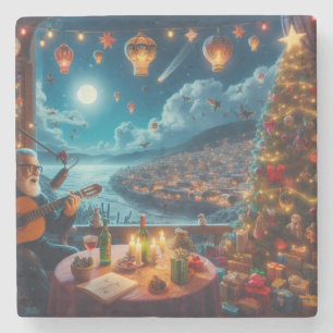 Posavasos De Piedra Feliz Navidad Festivo Guitarra Jugador Ciudad Cost