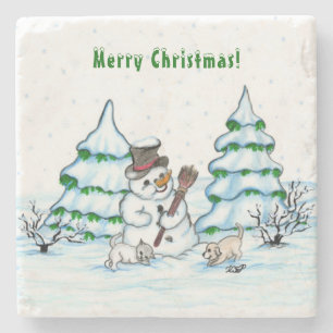 Posavasos De Piedra ¡Feliz Navidad! Hombre de nieve con gato y cachorr