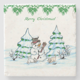 Posavasos De Piedra ¡Feliz Navidad! Hombre de nieve con gato y cachorr