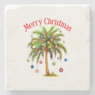 Posavasos De Piedra Feliz Navidad Palm Tree Light Tropical Hawaiano
