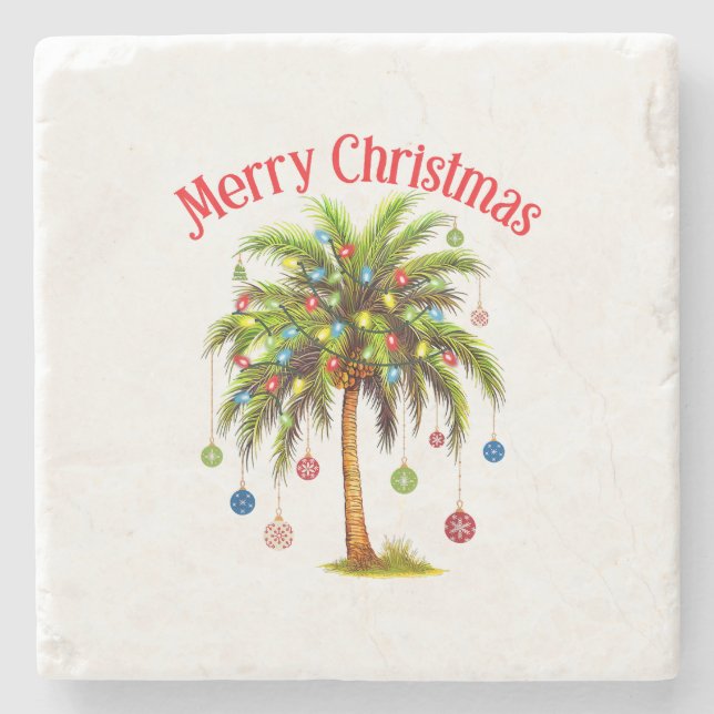Posavasos De Piedra Feliz Navidad Palm Tree Light Tropical Hawaiano (Anverso)
