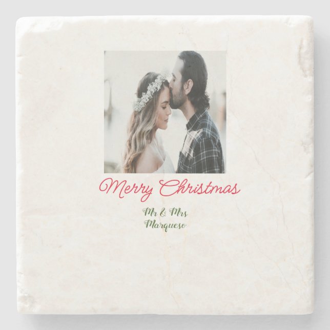 Posavasos De Piedra Feliz Navidad pareja foto añadir nombre feliz navi (Anverso)