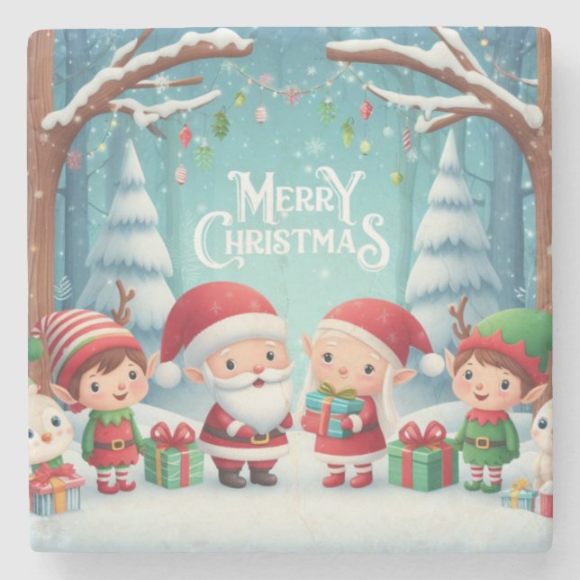 Posavasos De Piedra Feliz Navidad/santa/nieve de elfos (Anverso)