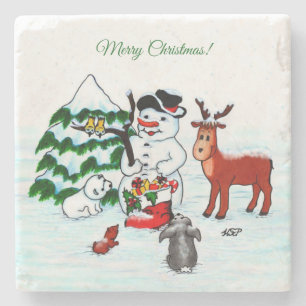 Posavasos De Piedra ¡Feliz Navidad! Snowman con sus amigos