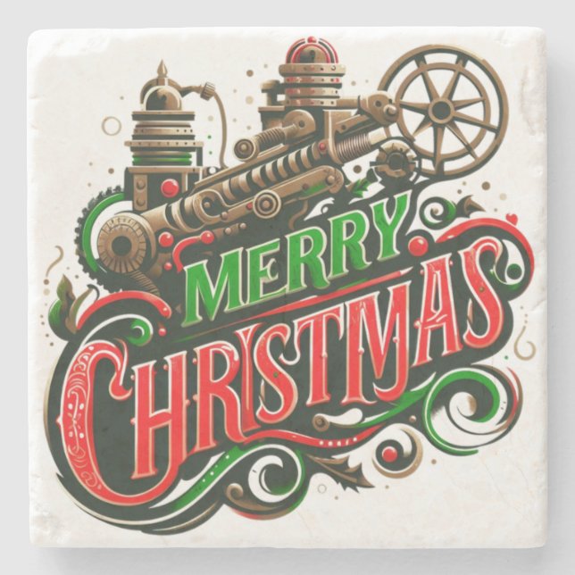Posavasos De Piedra Feliz Navidad steampunk (Anverso)