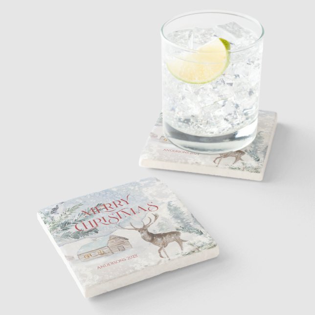 Posavasos De Piedra Feliz Navidad Typography Navidades Deer (Lateral)