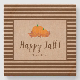 Posavasos De Piedra Feliz otoño con nombre de familia rayado, montañ