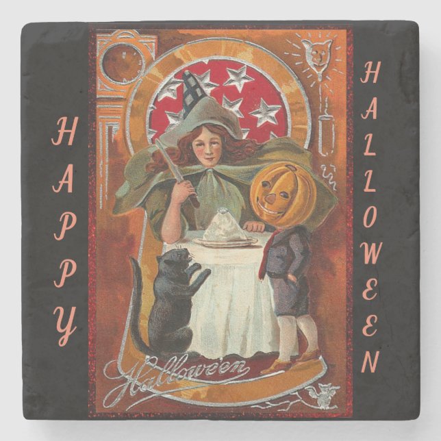 Posavasos De Piedra Feliz Poster retro de Halloween (Anverso)