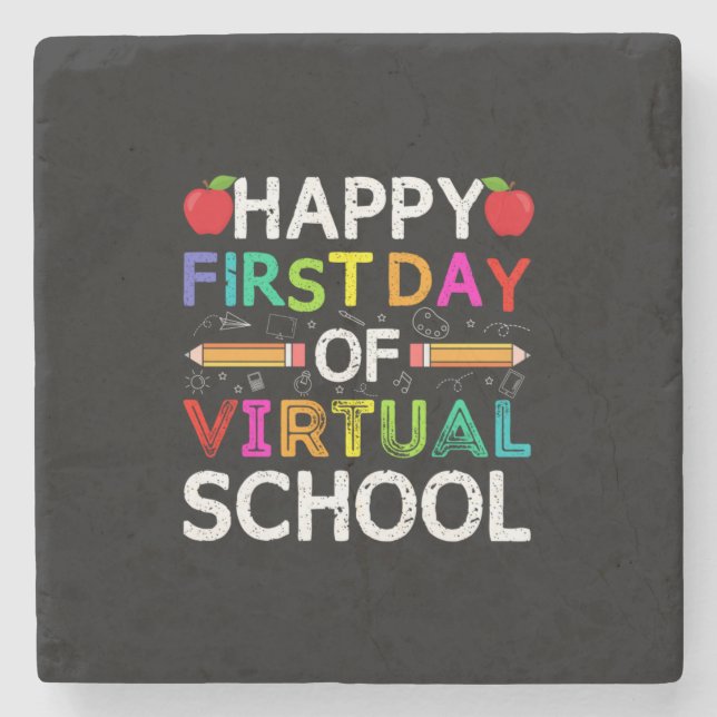 Posavasos De Piedra Feliz Primer Día Virtual De La Escuela (Anverso)