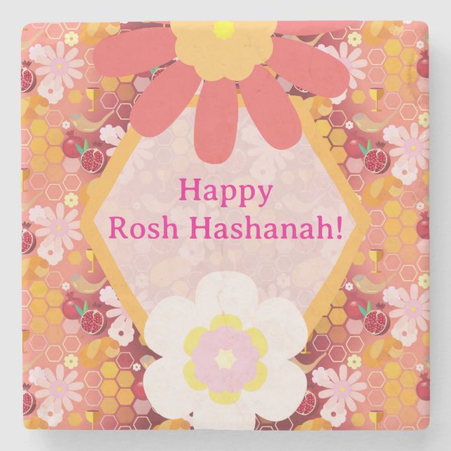 Posavasos De Piedra Feliz Rosh Hashanah Patrón floral de Año Nuevo jud (Anverso)