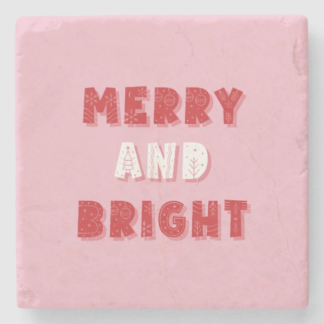 Posavasos De Piedra Feliz y brillante, Feliz Navidad, Navidades, rosa (Anverso)