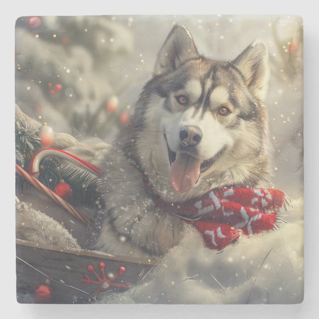Posavasos De Piedra Festividad de los Navidades de Husky Dog en Siberi (Anverso)