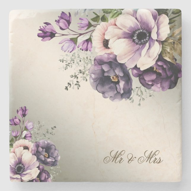Posavasos De Piedra Fiesta Flores Púrpura Rosa Golden Elegant (Anverso)