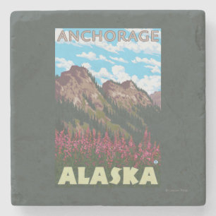 Posavasos De Piedra Fireweed y montañas - Anchorage, Alaska