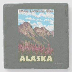 Posavasos De Piedra Fireweed y montañas - parque nacional de Denali,