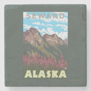 Posavasos De Piedra Fireweed y montañas - Seward, Alaska