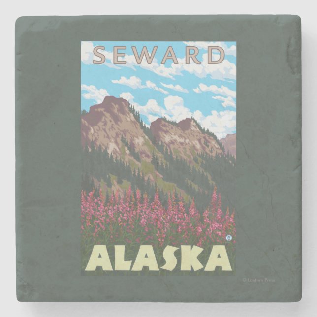 Posavasos De Piedra Fireweed y montañas - Seward, Alaska (Anverso)