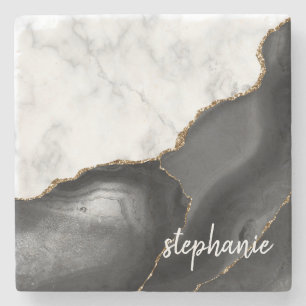 Posavasos De Piedra Firma de Ágata Negra Mármol Blanco Brillo Dorado