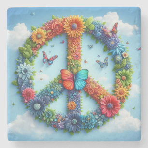 Posavasos De Piedra Firma de paz floral fría y colorida con mariposa