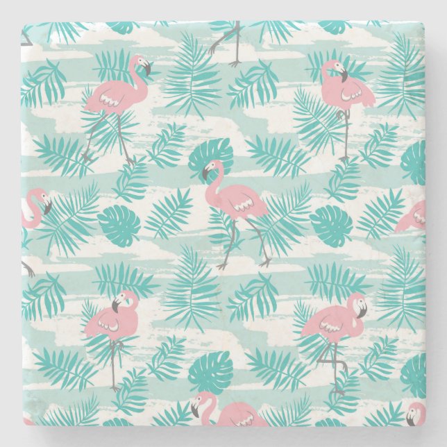 Posavasos De Piedra Flamencos rosas, hojas de palma verdes, tropicales (Anverso)