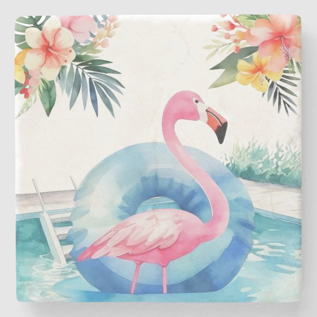 Posavasos De Piedra Flamingo de la piscina de verano (Anverso)