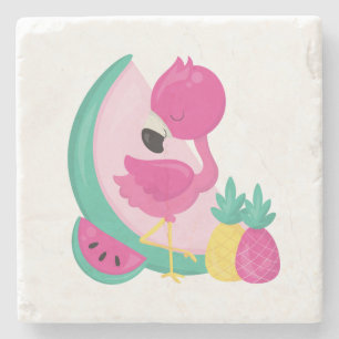 Posavasos De Piedra Flamingo rosa con sandía y piña