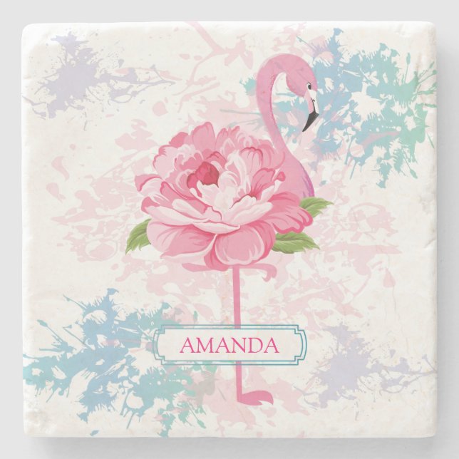 Posavasos De Piedra Flamingo rosa pintado a mano (Anverso)