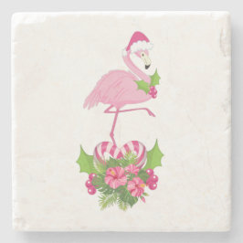 Posavasos De Piedra Flamingo rosado en Santa Hat con Candy Cane Bouque
