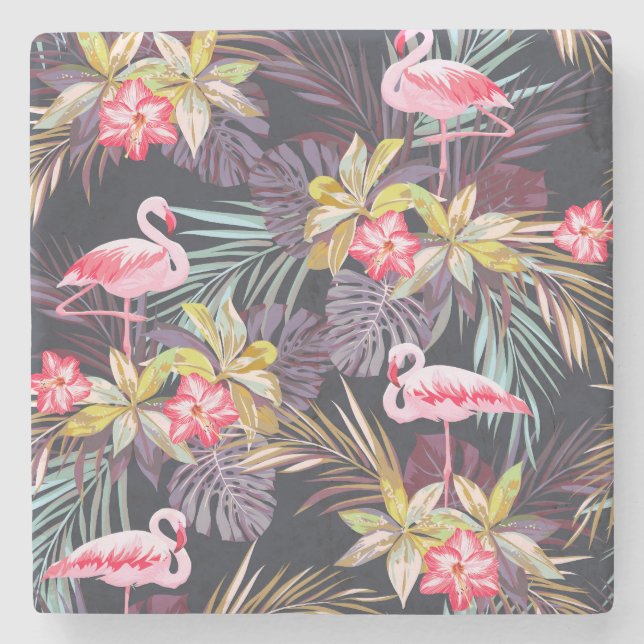 Posavasos De Piedra Flamingo Tropical: Patrón veraniego sin foco (Anverso)