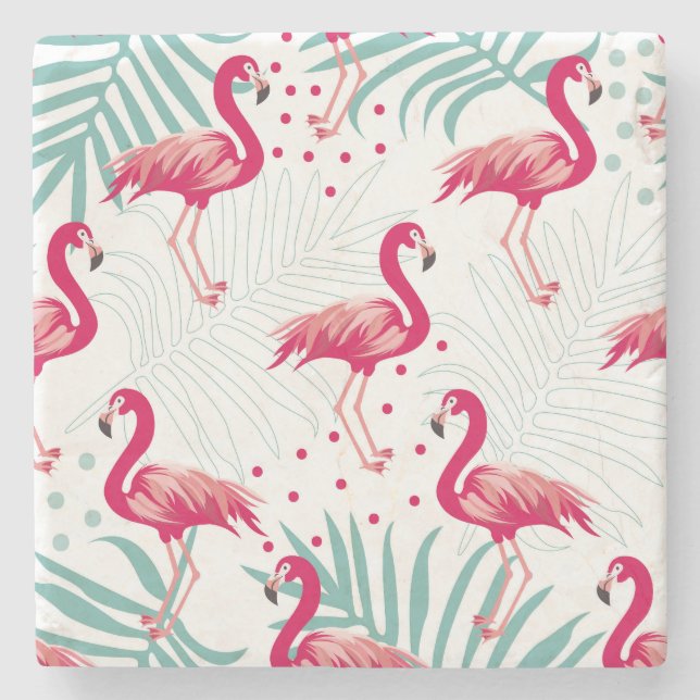 Posavasos De Piedra Flamingo y hojas tropicales, patrón de verano. (Anverso)