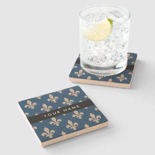 Posavasos De Piedra Fleur de Lis, Beige sobre Azul Marino, Real, Tu No